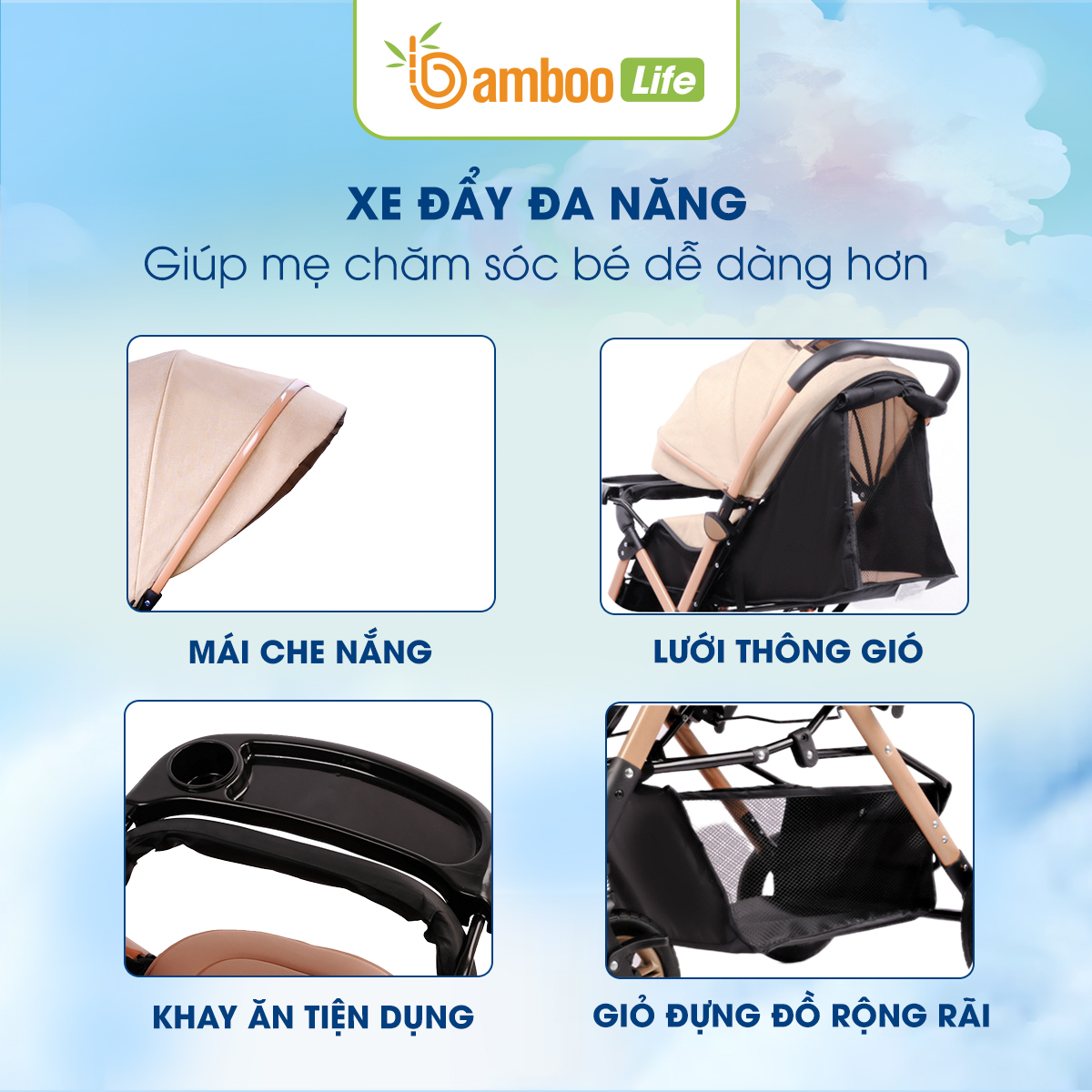 Xe Đẩy Cho Bé 2 Chiều Bamboo Life Cao Cấp