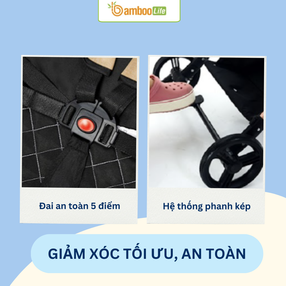 Đai an toàn chắc chắn kết hợp bánh xe linh hoạt giúp bé di chuyển an toàn