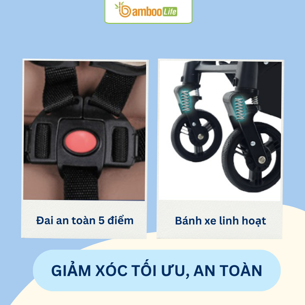 Đai an toàn chắc chắn kết hợp bánh xe linh hoạt giúp bé di chuyển an toàn